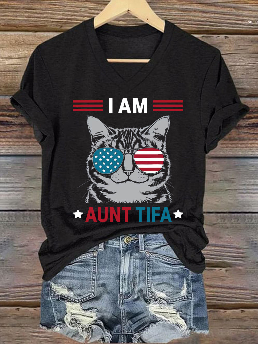 Cat I Am Aunt Tifa V-Neck Shirt No Kings Shirt Pro Democracy Merch Gifts For Liberal