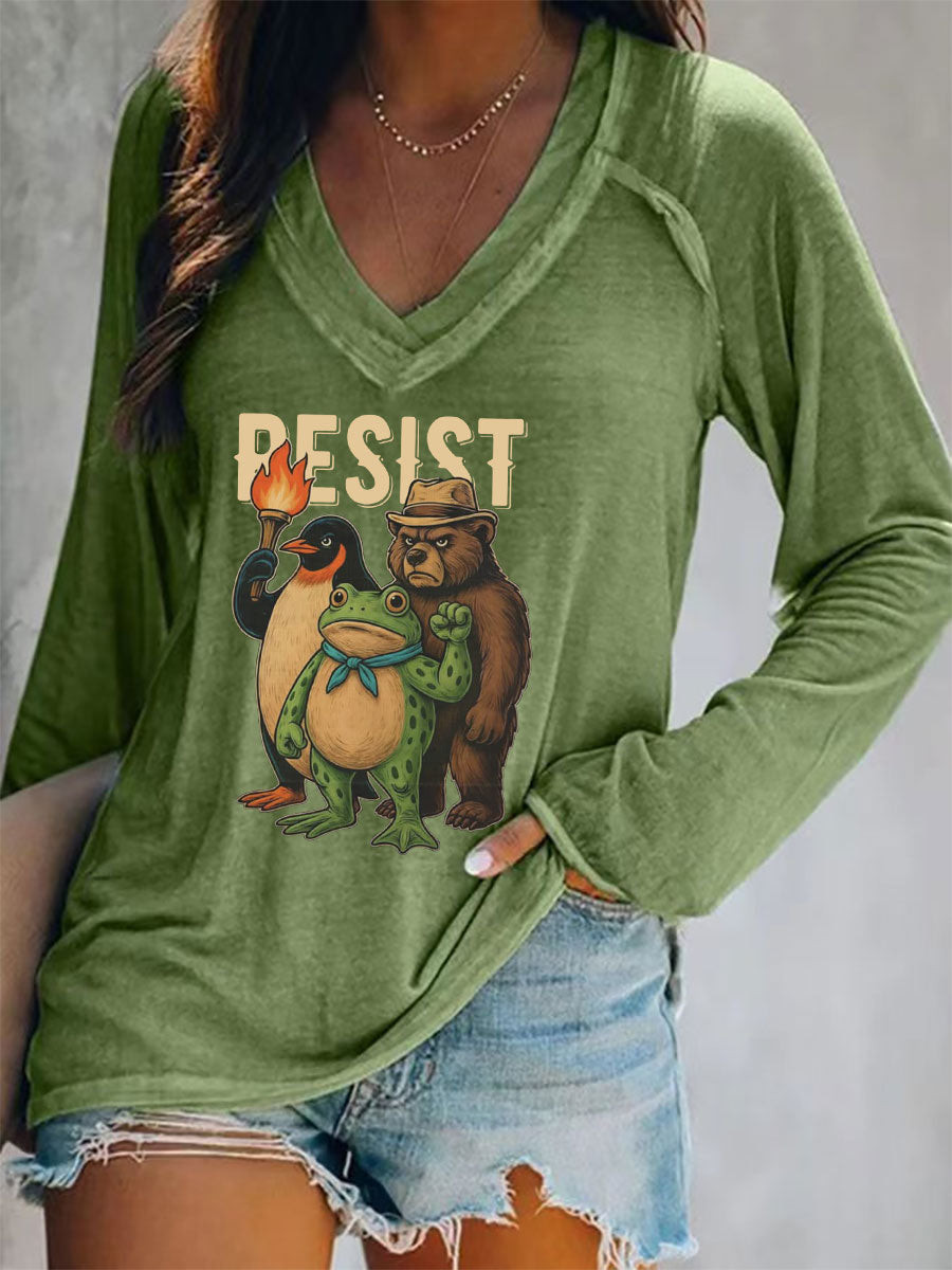 Frog Resist Long V-neck Shirt Portland Frog Protest Shirt No Kings In America Merch Wife Gifts