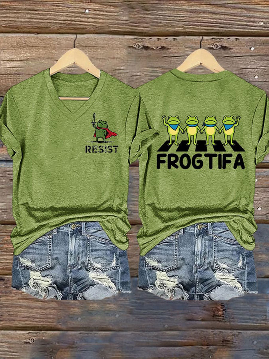 Resist Frog V-neck T-Shirt Frogtifa Shirt No Kings In America Merch Gifts For Supporters