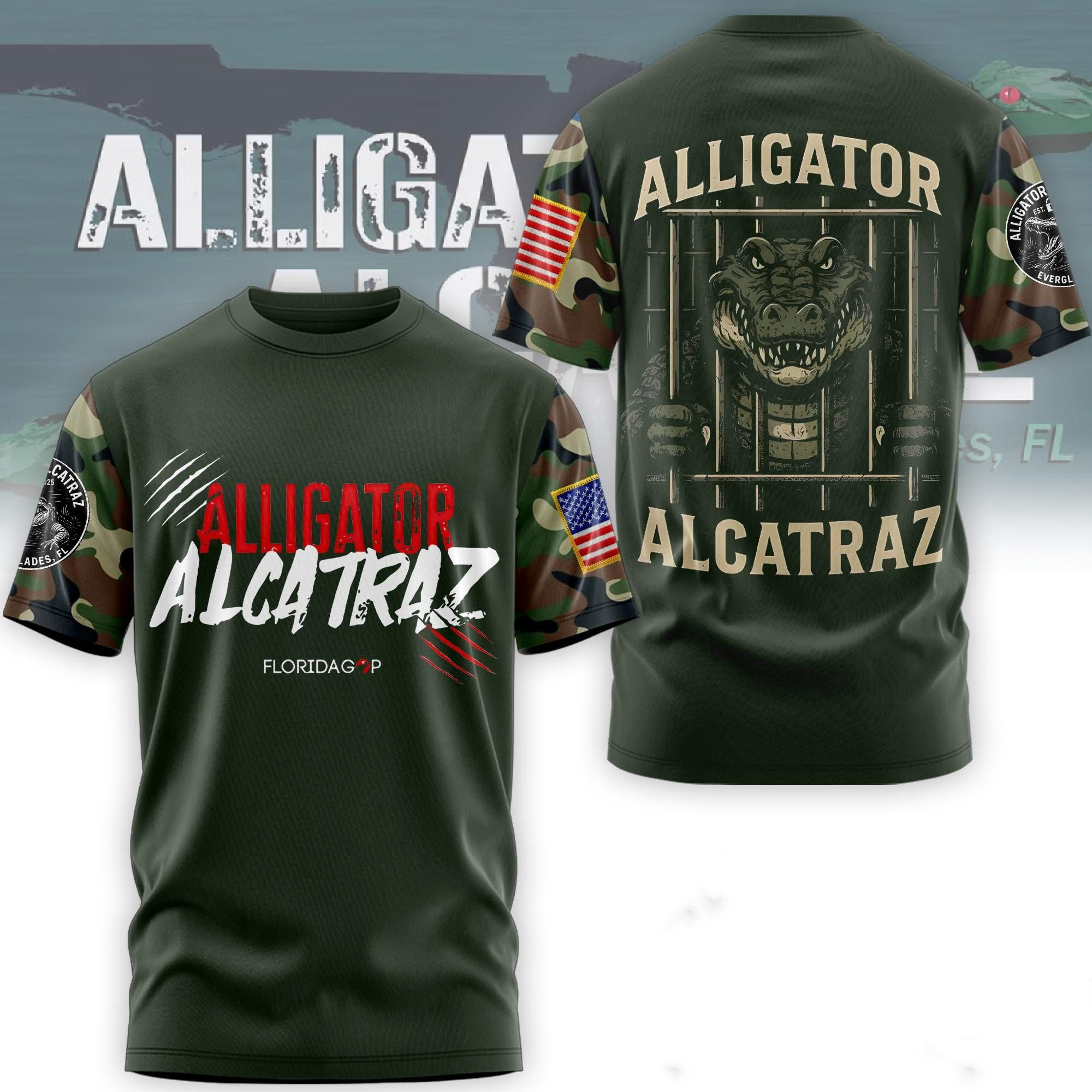 Alligator Alcatraz T-Shirt Camo American Flag Alligator Alcatraz Merch Shirts For Sale - Softandstyle