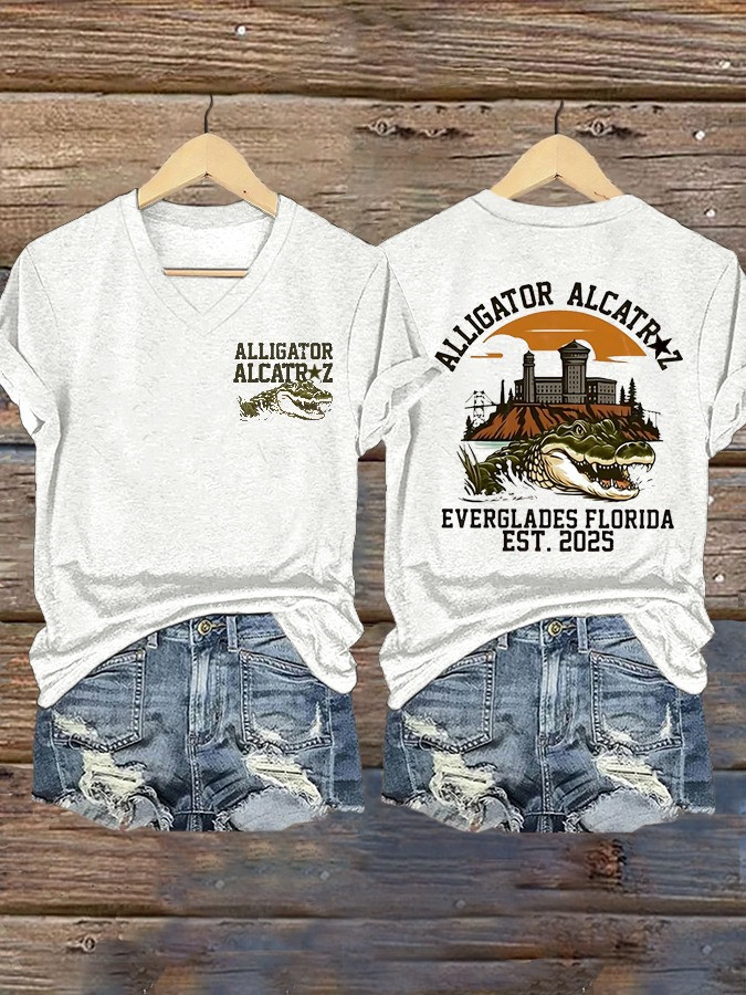 Alligator Alcatraz V-Neck Shirt Women's Trump Florida Everglades EST 2025 Merch Clothing - Softandstyle Alligator Alcatraz V-Neck Shirt Women's Trump Florida Everglades EST 2025 Merch Clothing - Softandstyle