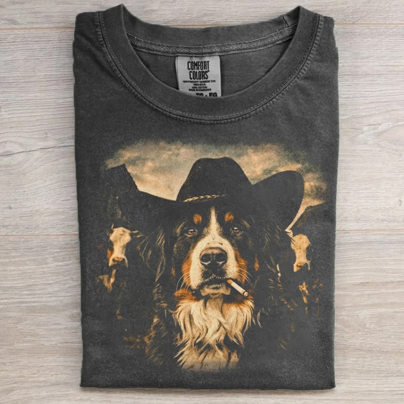 Bernese Mountain Dog Western Graphic T-Shirt Cowboy Dog With Cigarette Merch Gift For Her - Softandstyle