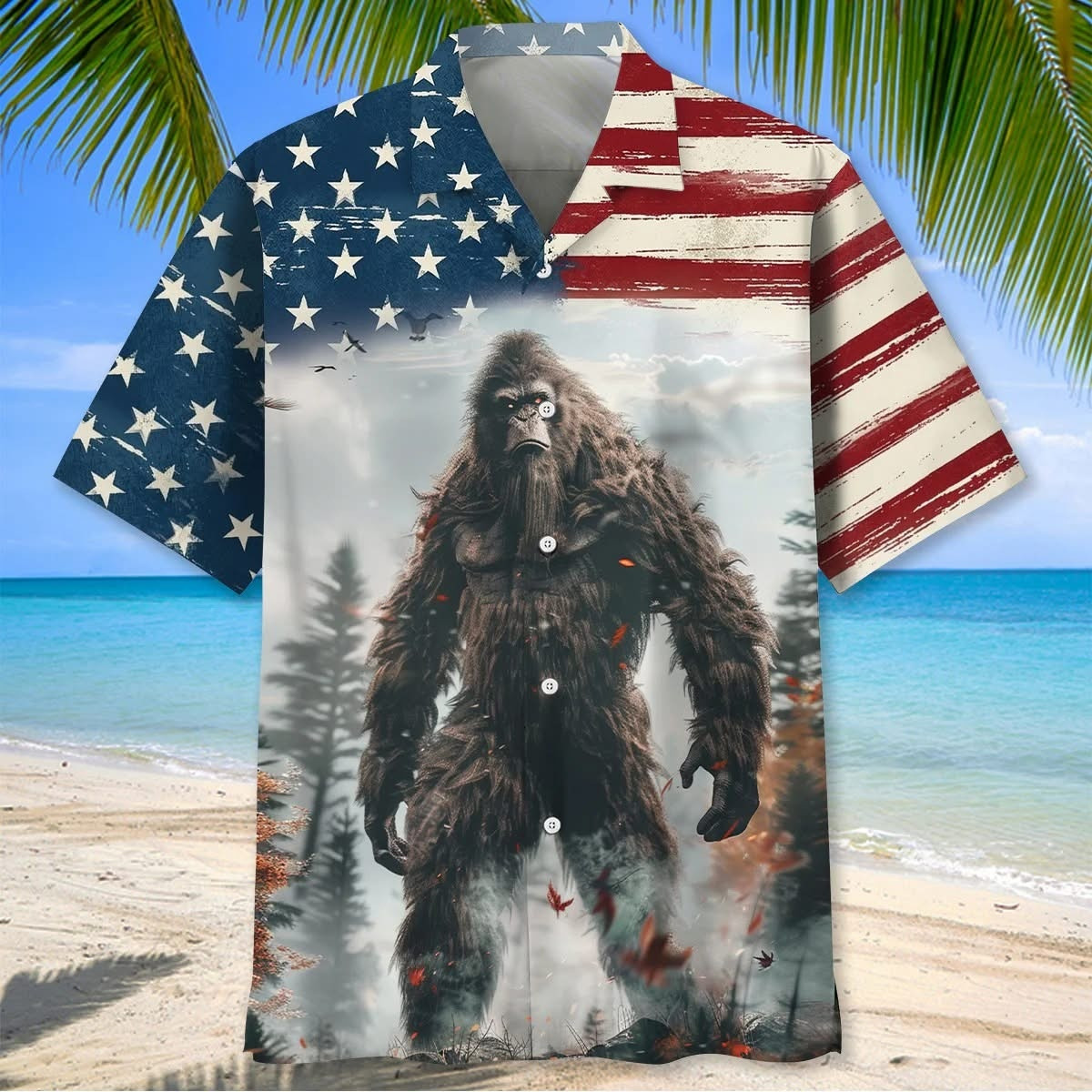 Bigfoot American Flag Hawaiian Shirt USA Flag Bigfoot Beach Merch Gifts For Bestie - Softandstyle