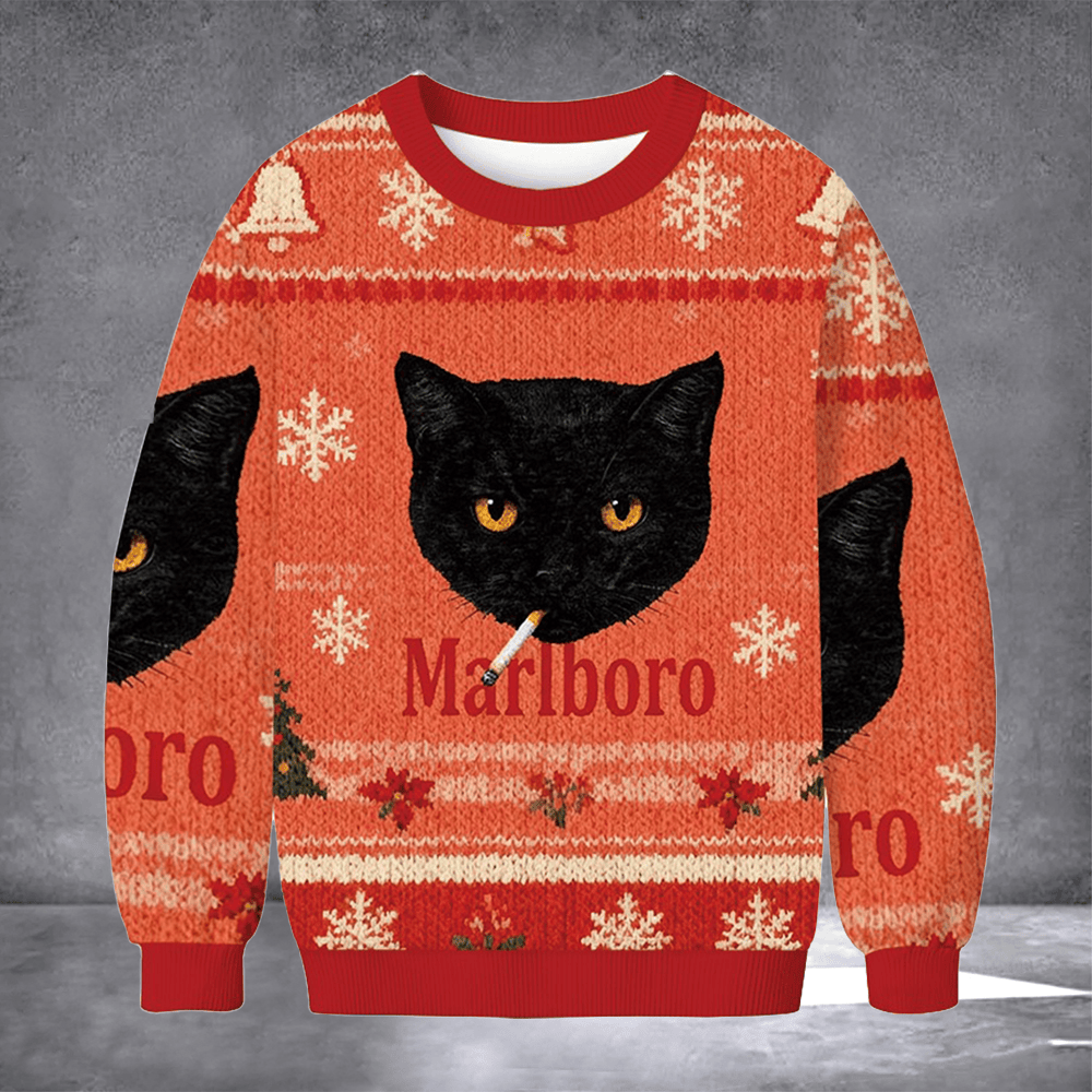 Black Cat Smoking Marlboro Ugly Christmas Sweater Winter Apparel Christmas Gifts For Cat Lovers - Softandstyle Black Cat Smoking Marlboro Ugly Christmas Sweater Winter Apparel Christmas Gifts For Cat Lovers - Softandstyle