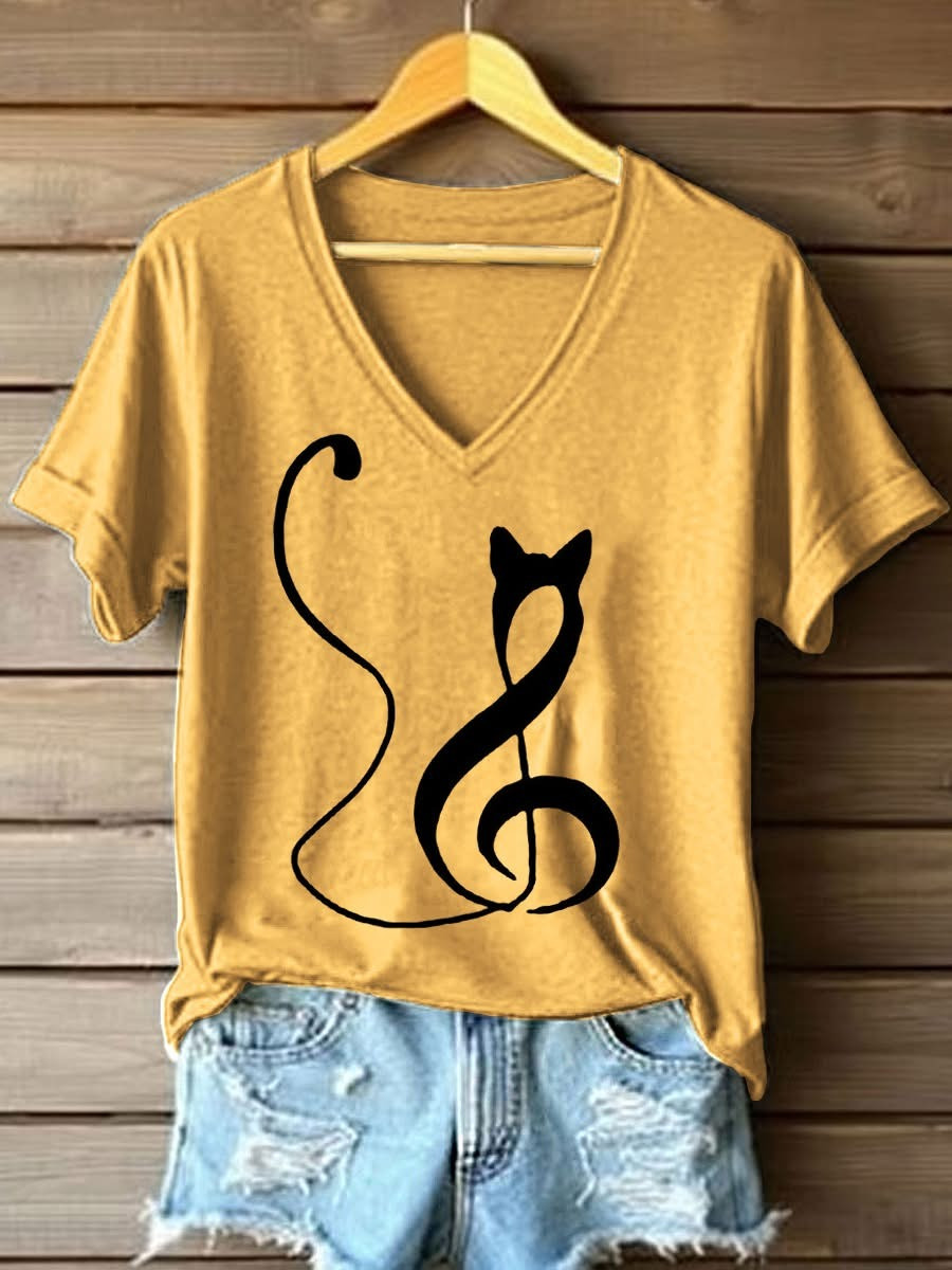 Cat Note Music V-Neck T-Shirt Women's Happy International Cat Day Best Gifts For Her - Softandstyle