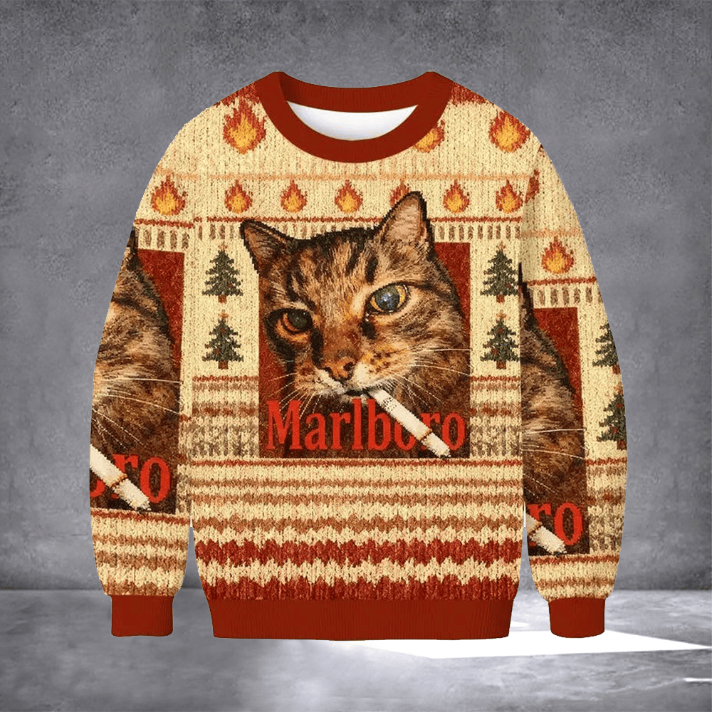 Cat Smoking Marlboro Ugly Christmas Sweater Dark Humor Holiday Sweater Meme Clothing Xmas Gift - Softandstyle