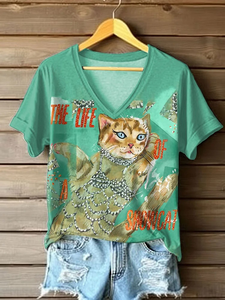 Cat TS12 Showgirl Merch V-neck Shirt The Life Of A Showcat Unique Swifties Clothing - Softandstyle Cat TS12 Showgirl Merch V-neck Shirt The Life Of A Showcat Unique Swifties Clothing - Softandstyle
