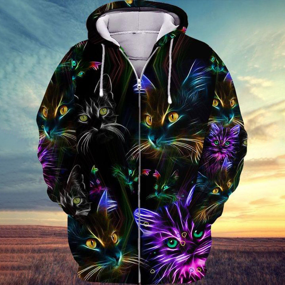 Cat Zip Up Hoodie 3D Cat Graphic Tee Themed Clothing Mens Womens - Softandstyle