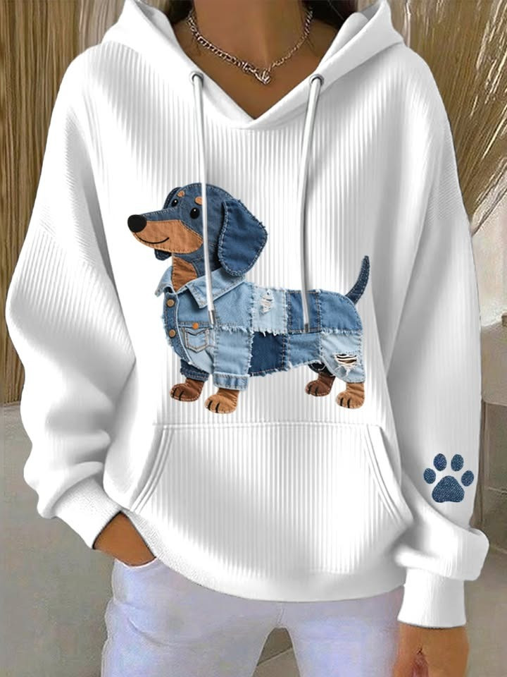 Dachshund Pattern Denim Patchwork Hoodie Cute Dachshund Hoodie Gifts For Sausage Dog Lovers - Softandstyle