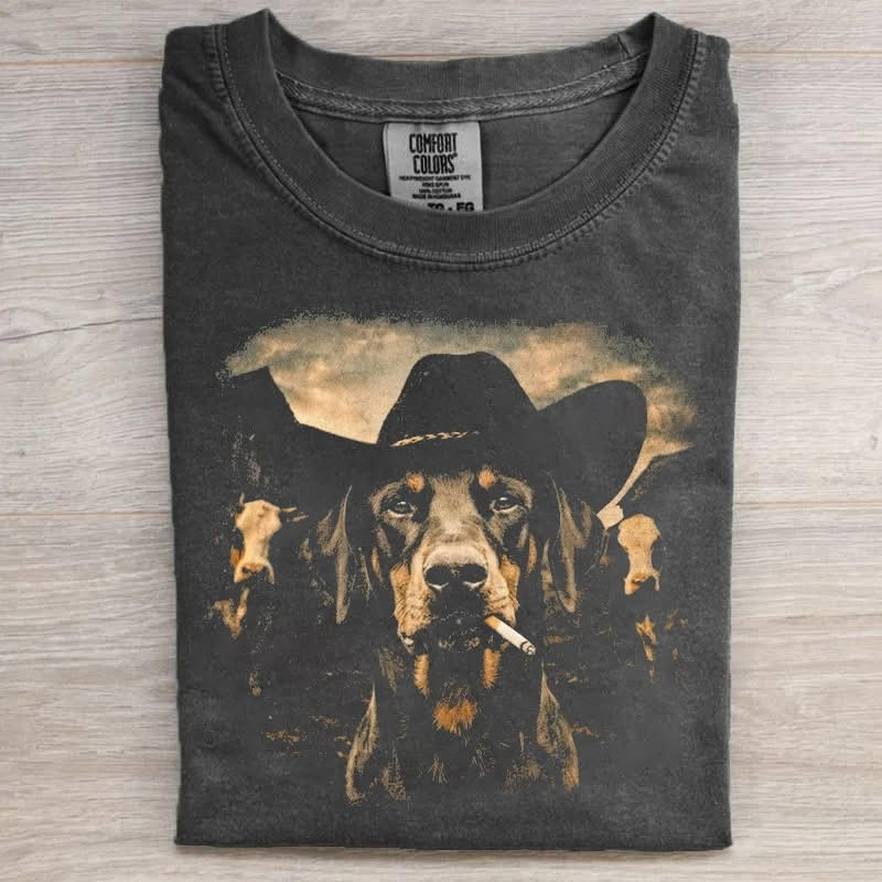 Doberman Pinscher Western Graphic T-Shirt Cowboy Dog With Cows Merch Gifts For Men - Softandstyle Doberman Pinscher Western Graphic T-Shirt Cowboy Dog With Cows Merch Gifts For Men - Softandstyle
