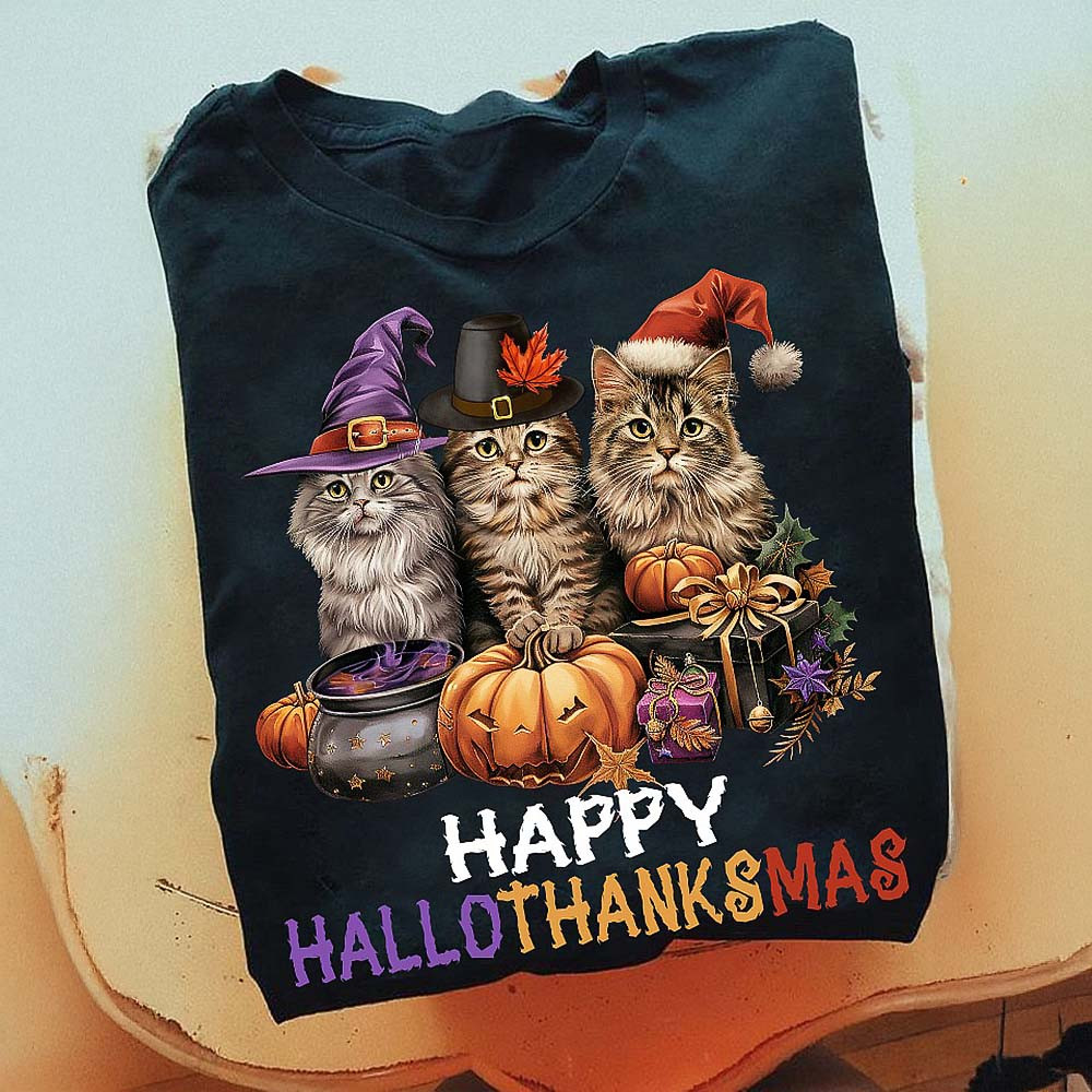 Happy Hallothanksmas Cat Shirt Halloween Thanksgiving Christmas Cats T-Shirt Gifts For Him Her - Softandstyle