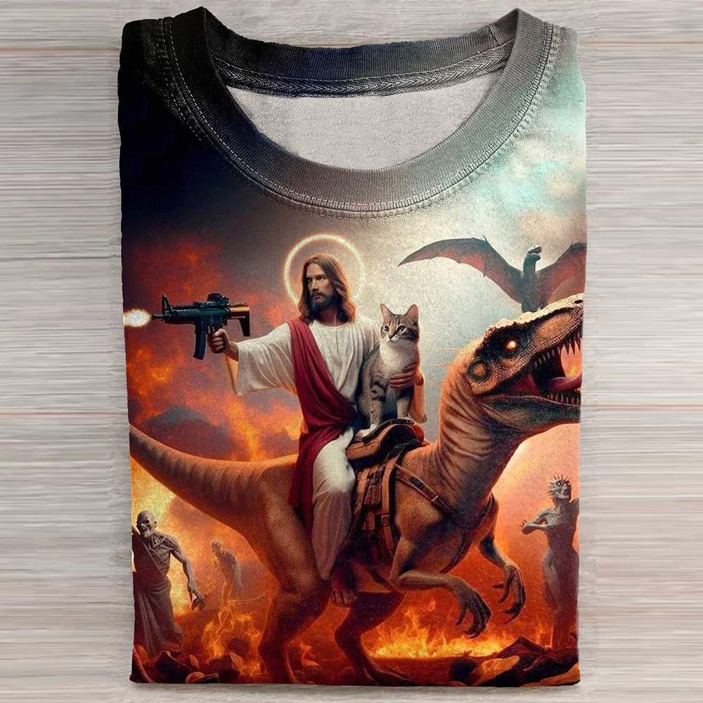 Jesus With Cat Riding Dinosaur T-Rex T-Shirt Funny Jesus Art Graphic Tee Unique Gifts - Softandstyle Jesus With Cat Riding Dinosaur T-Rex T-Shirt Funny Jesus Art Graphic Tee Unique Gifts - Softandstyle