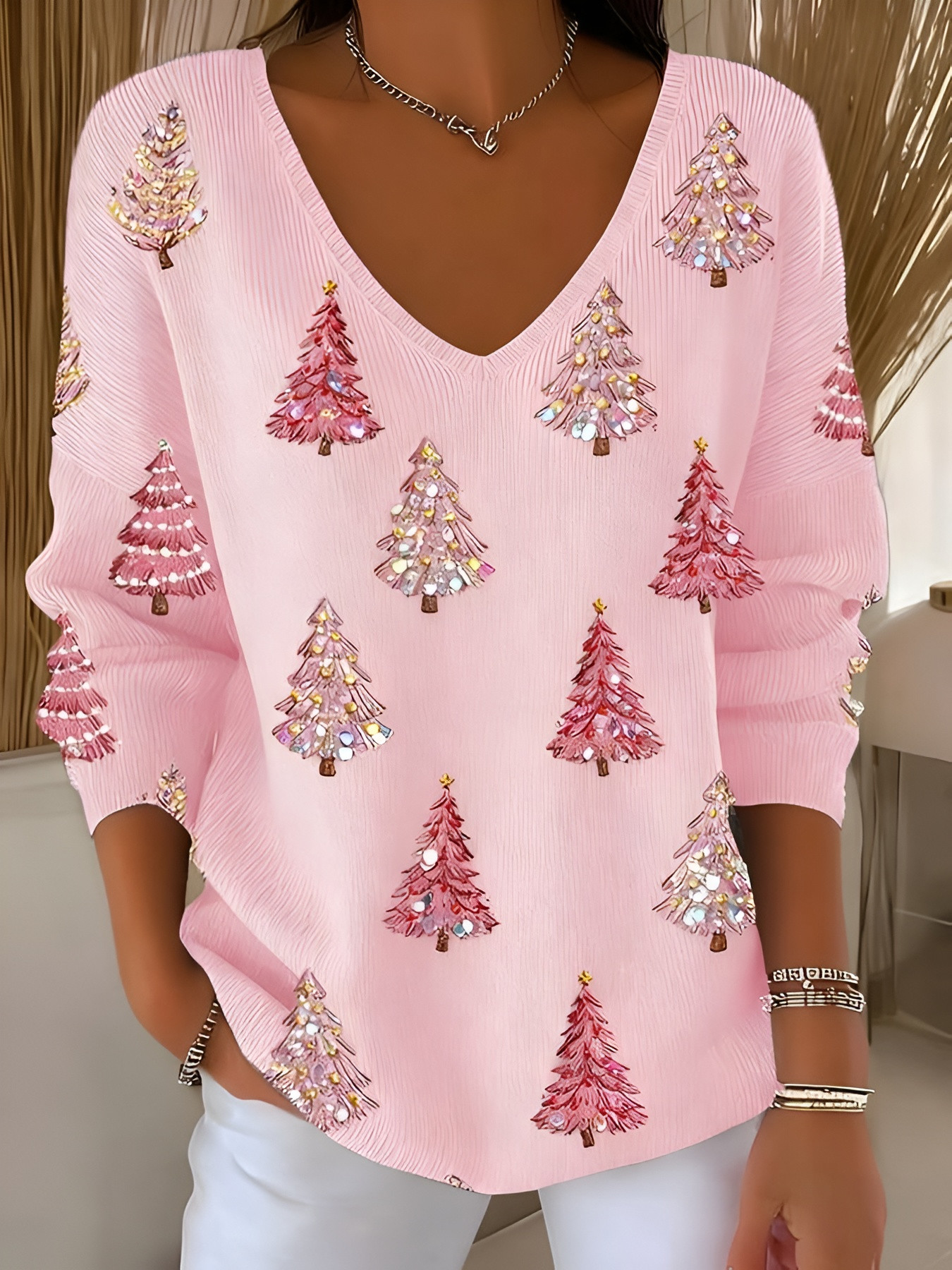 Pink Christmas Tree V-Neck Long Sleeve Shirt Cold Weather Clothes Christmas Vacation Apparel - Softandstyle Pink Christmas Tree V-Neck Long Sleeve Shirt Cold Weather Clothes Christmas Vacation Apparel - Softandstyle