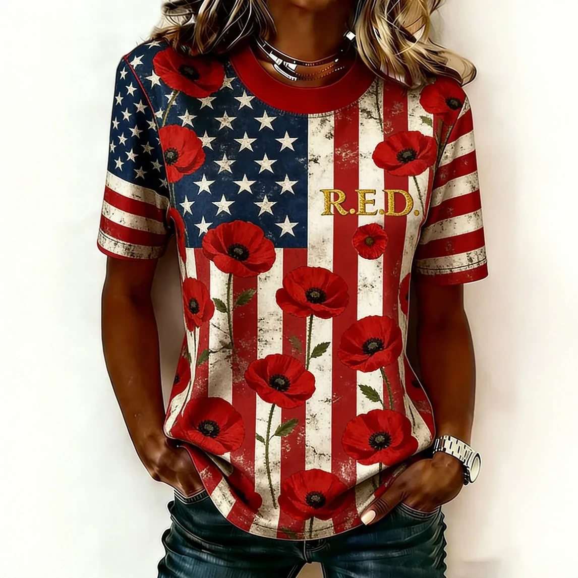 RED Friday Poppy Flower T-Shirt American Flag Remember Everyone Deployed Shirt Present For Wife - Softandstyle