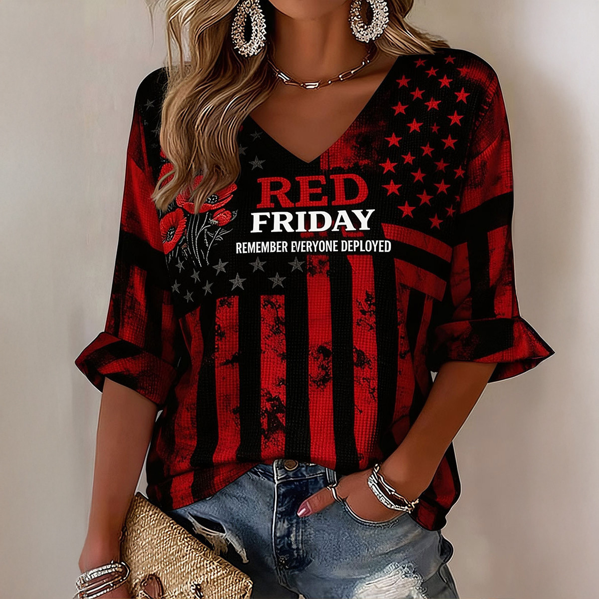 RED Friday Remember Everyone Deployed Poppy Floral V-Neck Long Sleeve Shirt American Flag Apparel - Softandstyle RED Friday Remember Everyone Deployed Poppy Floral V-Neck Long Sleeve Shirt American Flag Apparel - Softandstyle