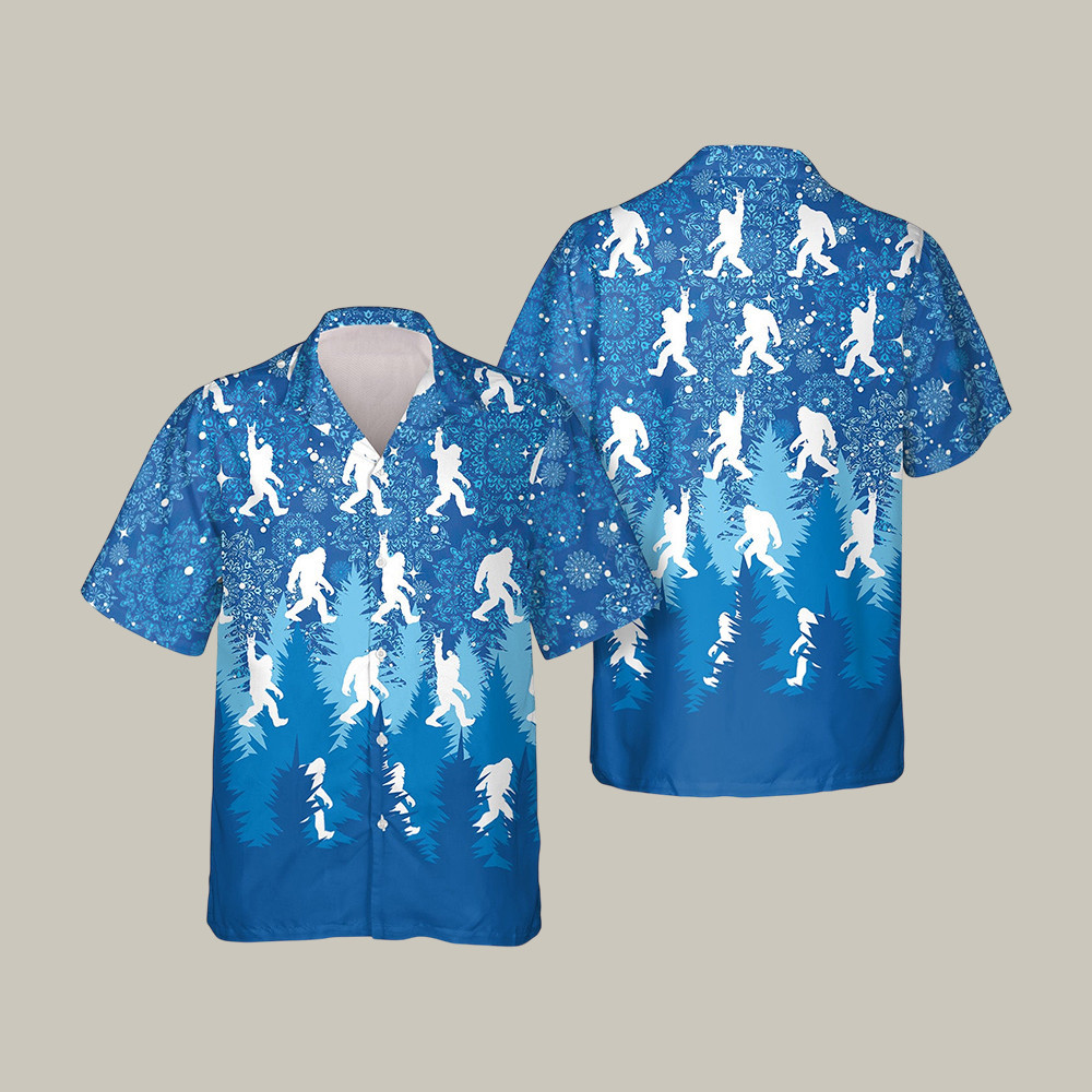 Snow Storm Bigfoot Hawaiian Shirt Winter Bigfoot Art Tee Present Idea For Father's Day - Softandstyle