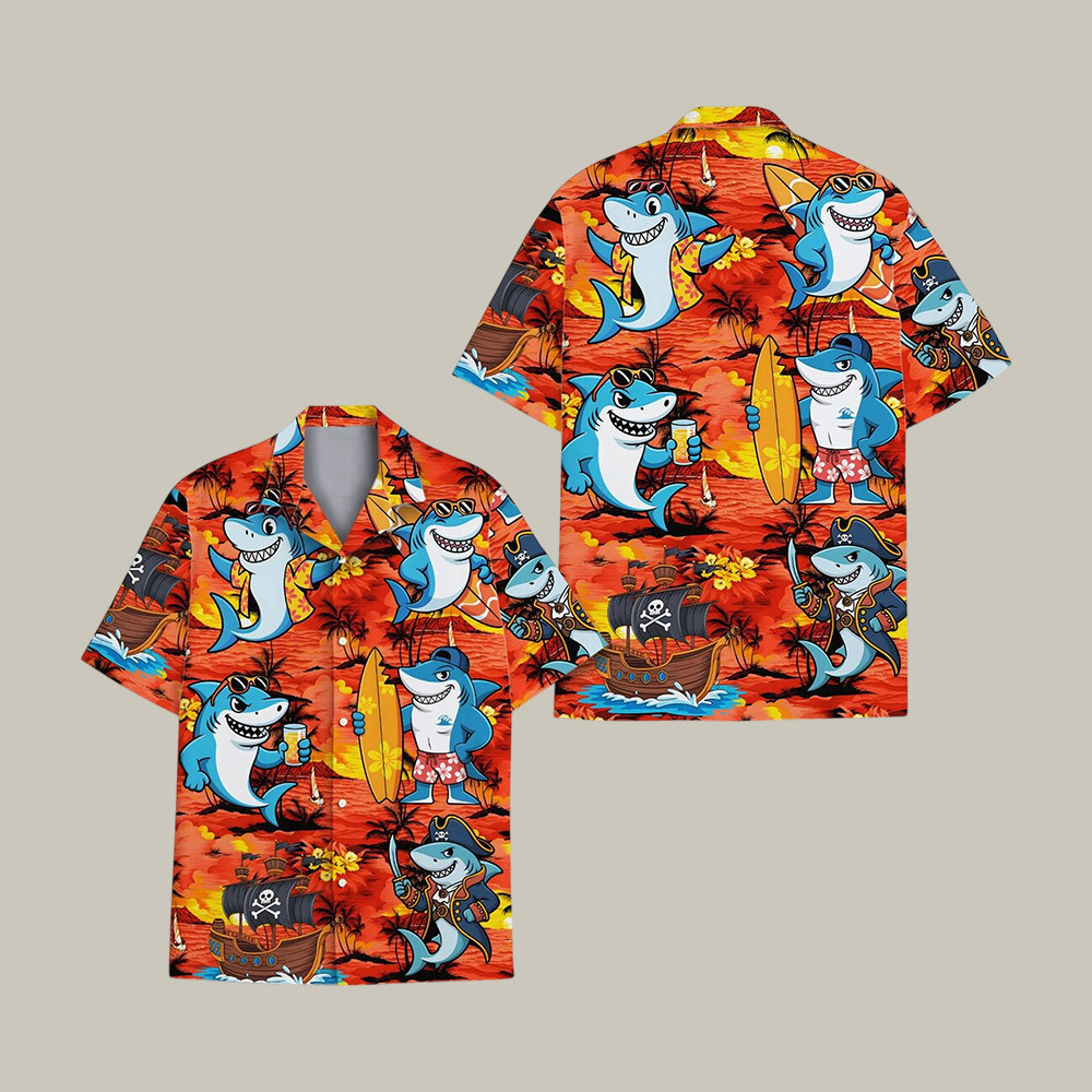 Surfing Shark Hawaiian Shirt Funny Pirate Shark Aloha Shirt Best Present For Shark Lovers - Softandstyle Surfing Shark Hawaiian Shirt Funny Pirate Shark Aloha Shirt Best Present For Shark Lovers - Softandstyle