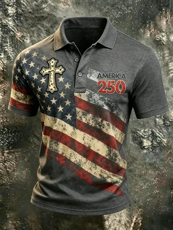 Vintage America 250 Yearss Polo Shirt Patriotic Flag Cross Clothing Veteran Gift For Men - Softandstyle
