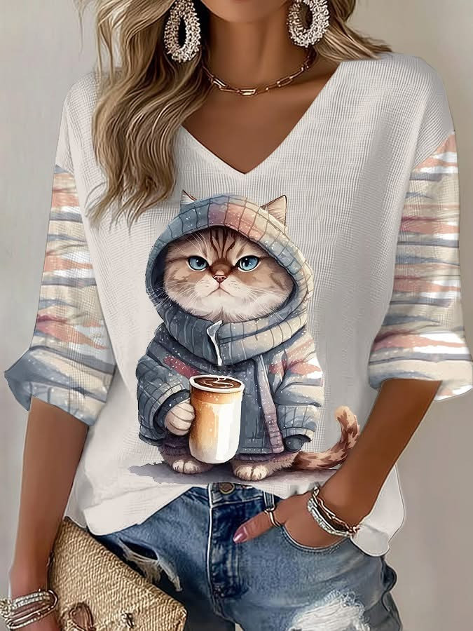 Winer Cat Kitten With A Coffee Long Sleeve V-Neck T-Shirt Women's Cure Gifts For Cat Person - Softandstyle Winer Cat Kitten With A Coffee Long Sleeve V-Neck T-Shirt Women's Cure Gifts For Cat Person - Softandstyle