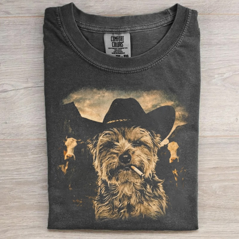 Yorkie Western Graphic T-Shirt Cowboy Dog With Cigarette Merch Gift For Him - Softandstyle